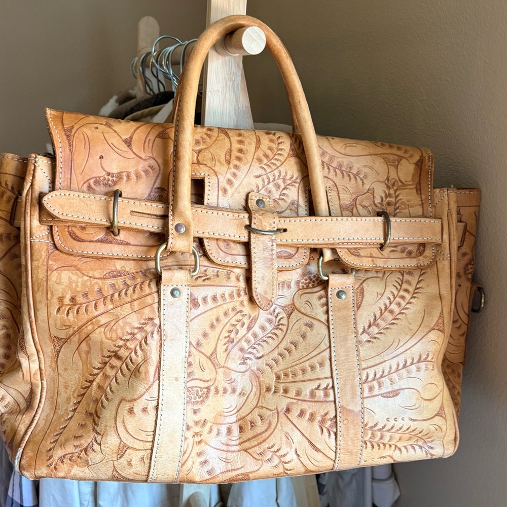 VINTAGE  Tooled Leather Travel Tote Bag - Tan reduced to $500.